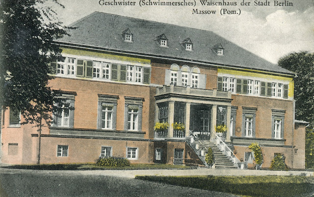Maszewo — dawny sierociniec Geschwister-Schwimmersches Waisenhaus, historyczna pocztówka.