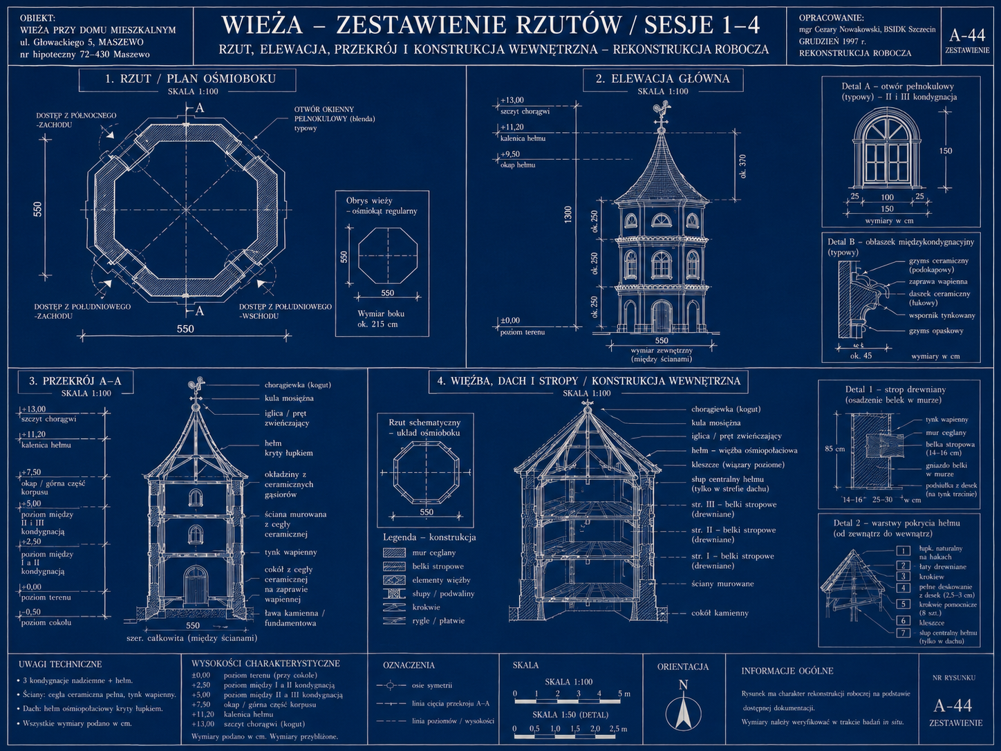 Plansza wieży przy Głowackiego 5 w Maszewie: rzut, elewacja, przekrój i konstrukcja dachu.